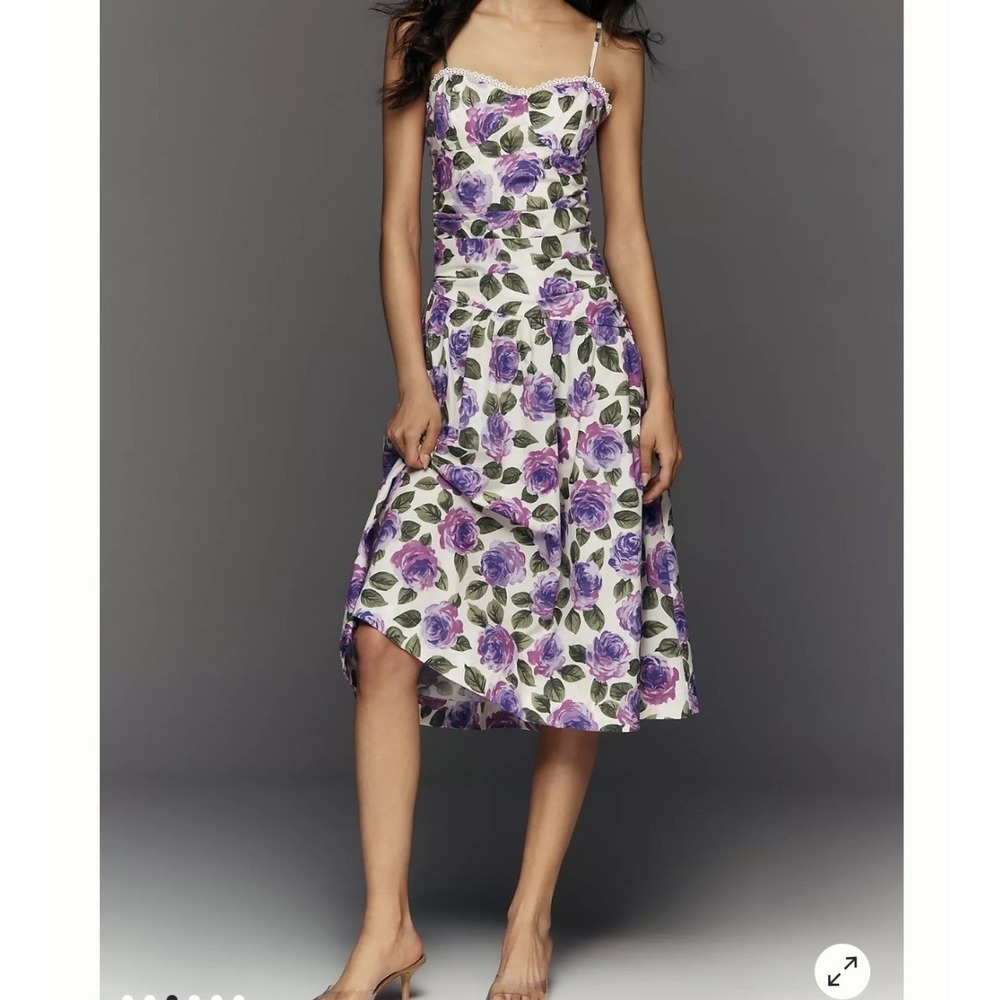 Maeve Anthropologie NWT Cotton Midi Dress Womens S Purple Floral Ruched Coquette